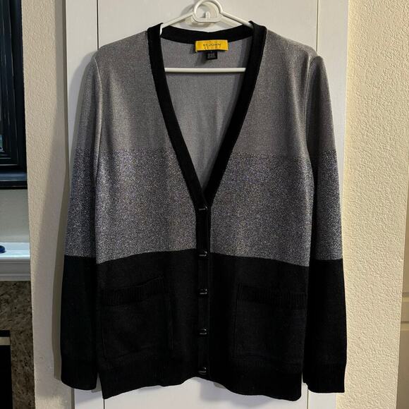 St. John Santana Knit Glittery Cardigan Pockets Black Gray Womens Size Small - Picture 2 of 11